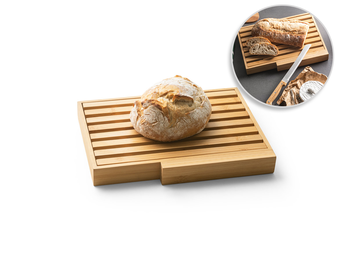 Tábua para pao em bambu com faca em aço inox. Grelha removível para fácil remoção de migalhas