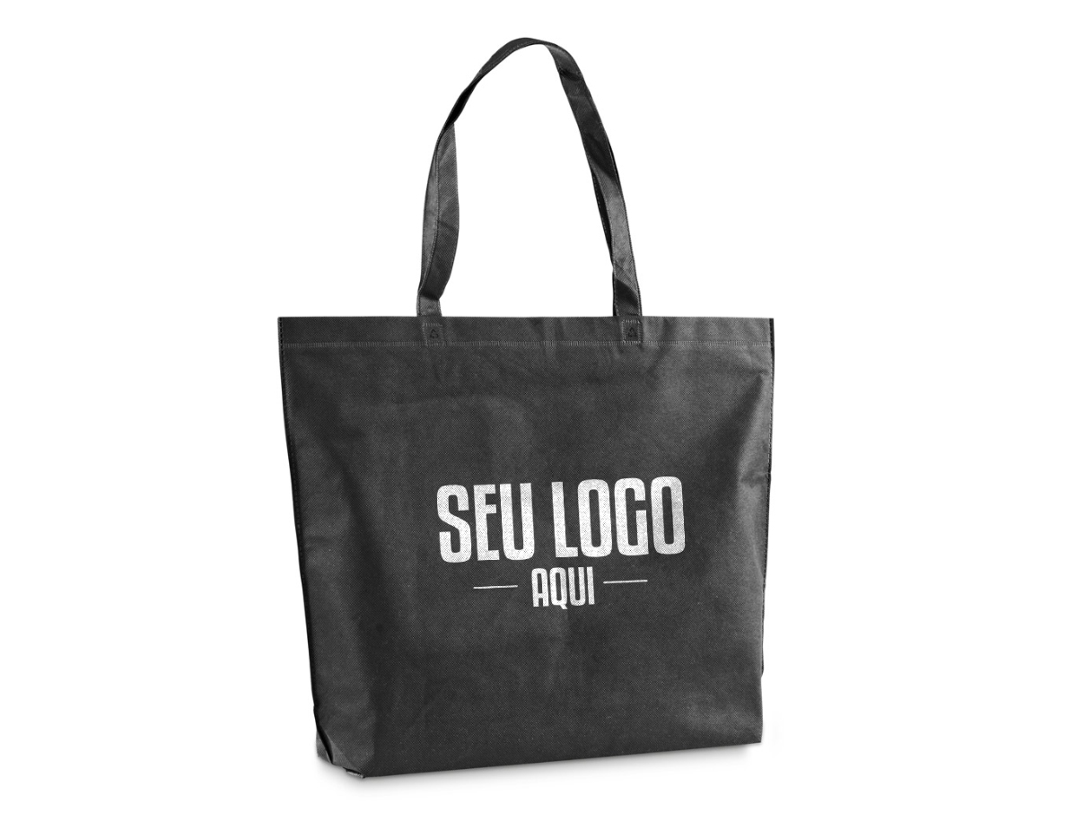 Sacola em non-woven (80 g/m²) termo-selado com alças de 55 cm. 480 x 380 x 85 mm 