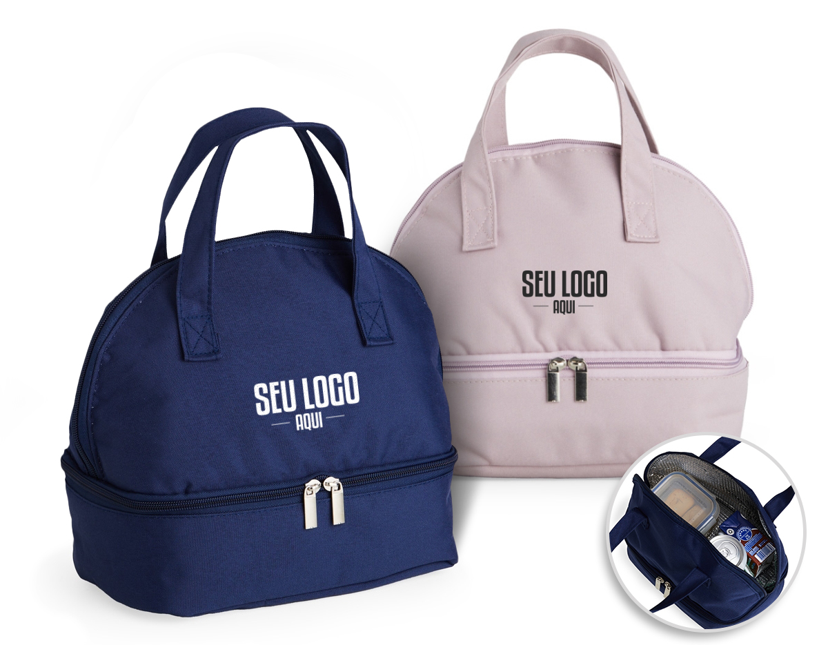 Bolsa térmica dupla em oxford com dois compartimentos térmicos isolados, capacidade de 6 litros. Contém alças de mãos.