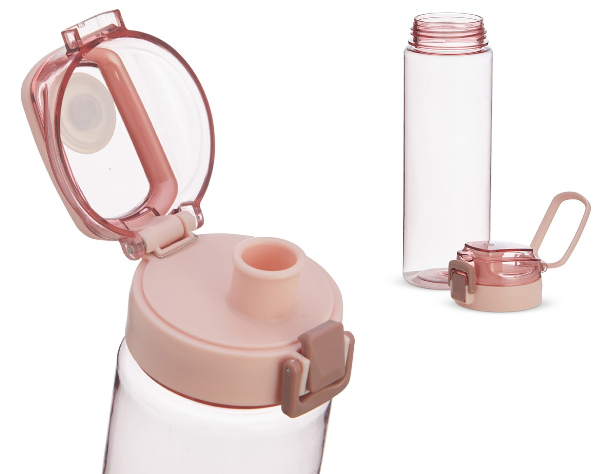 Squeeze plástico com capacidade de 700ml, possui tampa rosqueável com botão de acionamento, trava de segurança e alça para transporte.