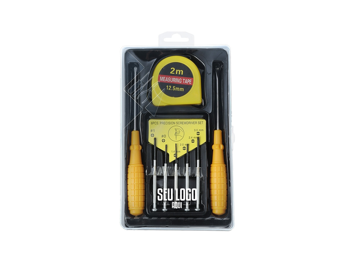 Kit ferramenta 8 peças em estojo plástico com trava de segurança. Contém chave Phillips, trena de 2 metros com trava, conjunto de 5 chaves de precisão e chave de fenda.