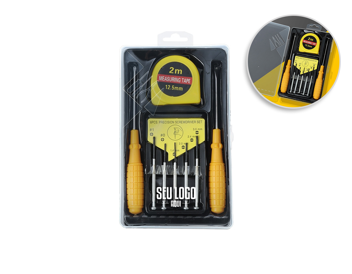 Kit ferramenta 8 peças em estojo plástico com trava de segurança. Contém chave Phillips, trena de 2 metros com trava, conjunto de 5 chaves de precisão e chave de fenda.
