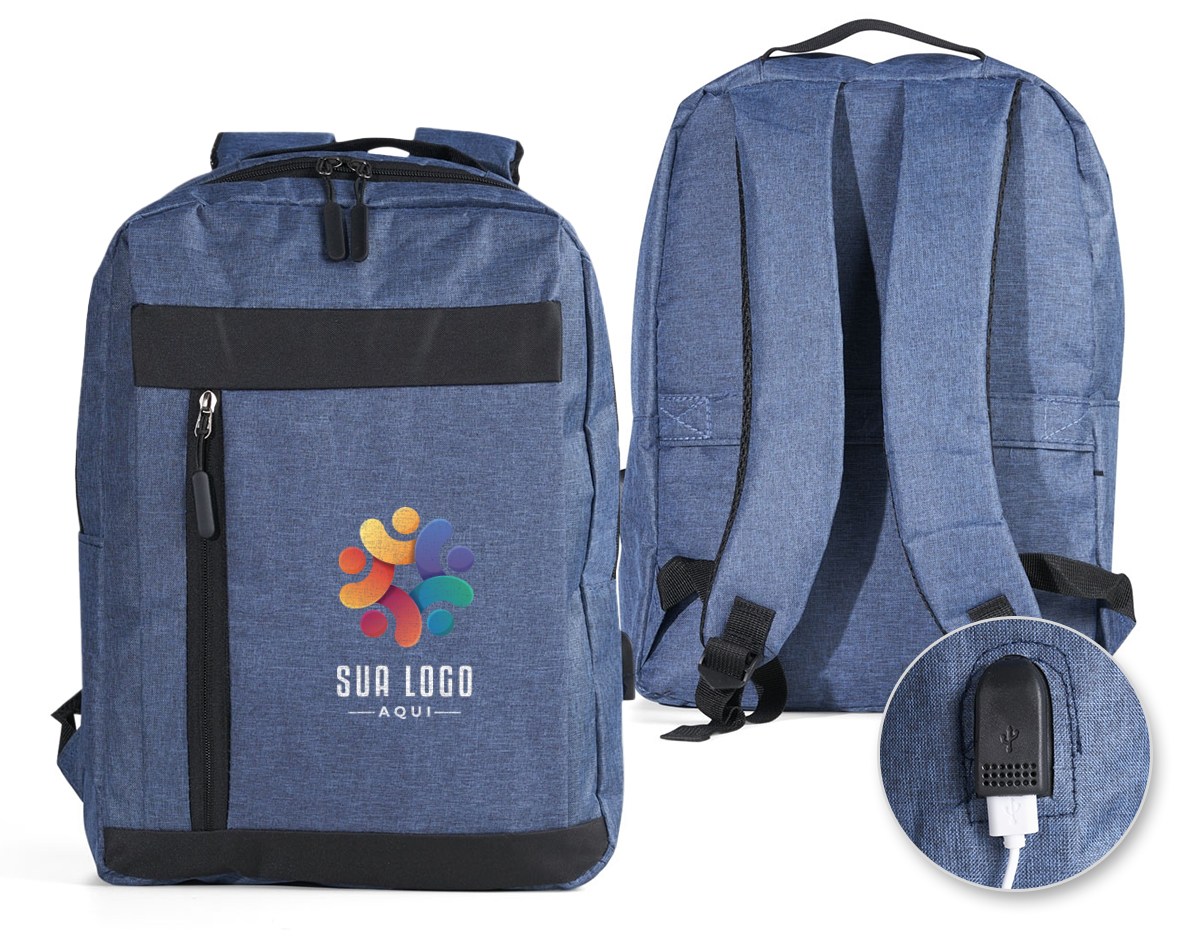 Mochila de nylon 21 litros com dois compartimentos, sendo o principal com bolso para notebook 156. Com divisórias internas para acessórios, a mochila possui bolso lateral, suporte externo usb e alça para encaixe em malas de viagem. 40x30x18