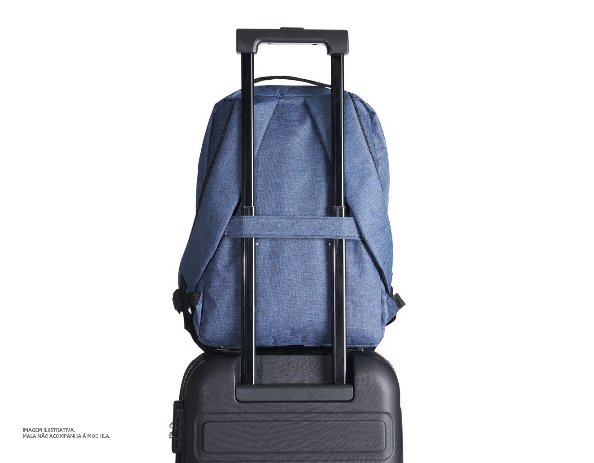 Mochila de nylon 21 litros com dois compartimentos, sendo o principal com bolso para notebook 156. Com divisórias internas para acessórios, a mochila possui bolso lateral, suporte externo usb e alça para encaixe em malas de viagem. 40x30x18