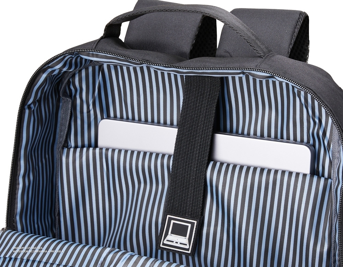 Mochila de nylon 23 Litros com 3 compartimentos, sendo o principal com bolso para notebook 15,6. Com divisórias internas para acessórios, a mochila possui bolso lateral, suporte externo USB e alça para encaixe em malas e viagens.41x30x19