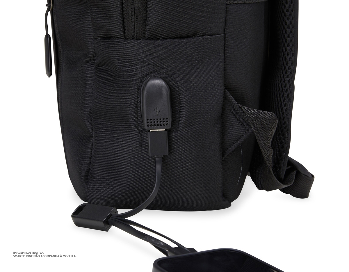 Mochila de nylon 23 Litros com 3 compartimentos, sendo o principal com bolso para notebook 15,6. Com divisórias internas para acessórios, a mochila possui bolso lateral, suporte externo USB e alça para encaixe em malas e viagens.41x30x19