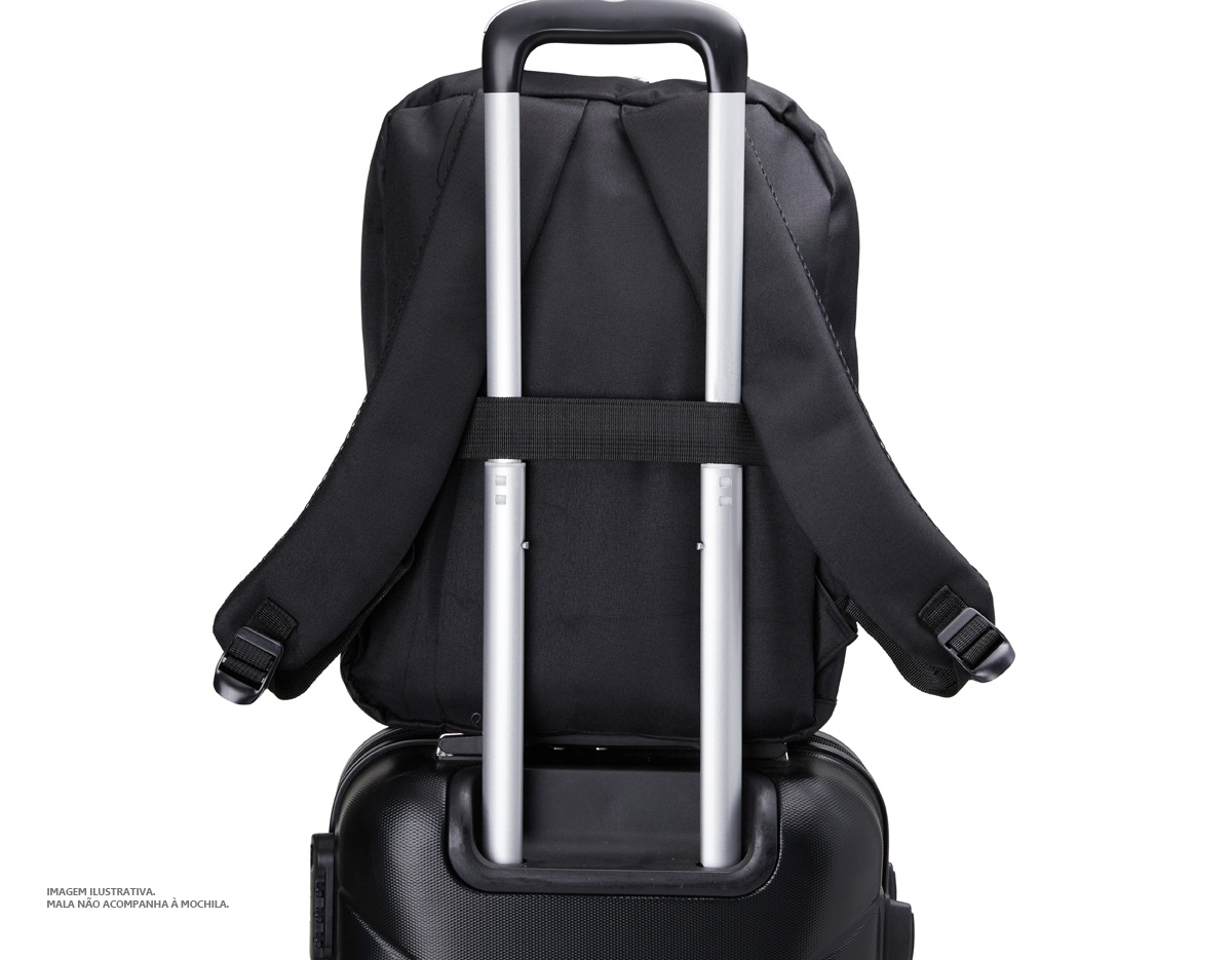 Mochila de nylon 23 Litros com 3 compartimentos, sendo o principal com bolso para notebook 15,6. Com divisórias internas para acessórios, a mochila possui bolso lateral, suporte externo USB e alça para encaixe em malas e viagens.41x30x19