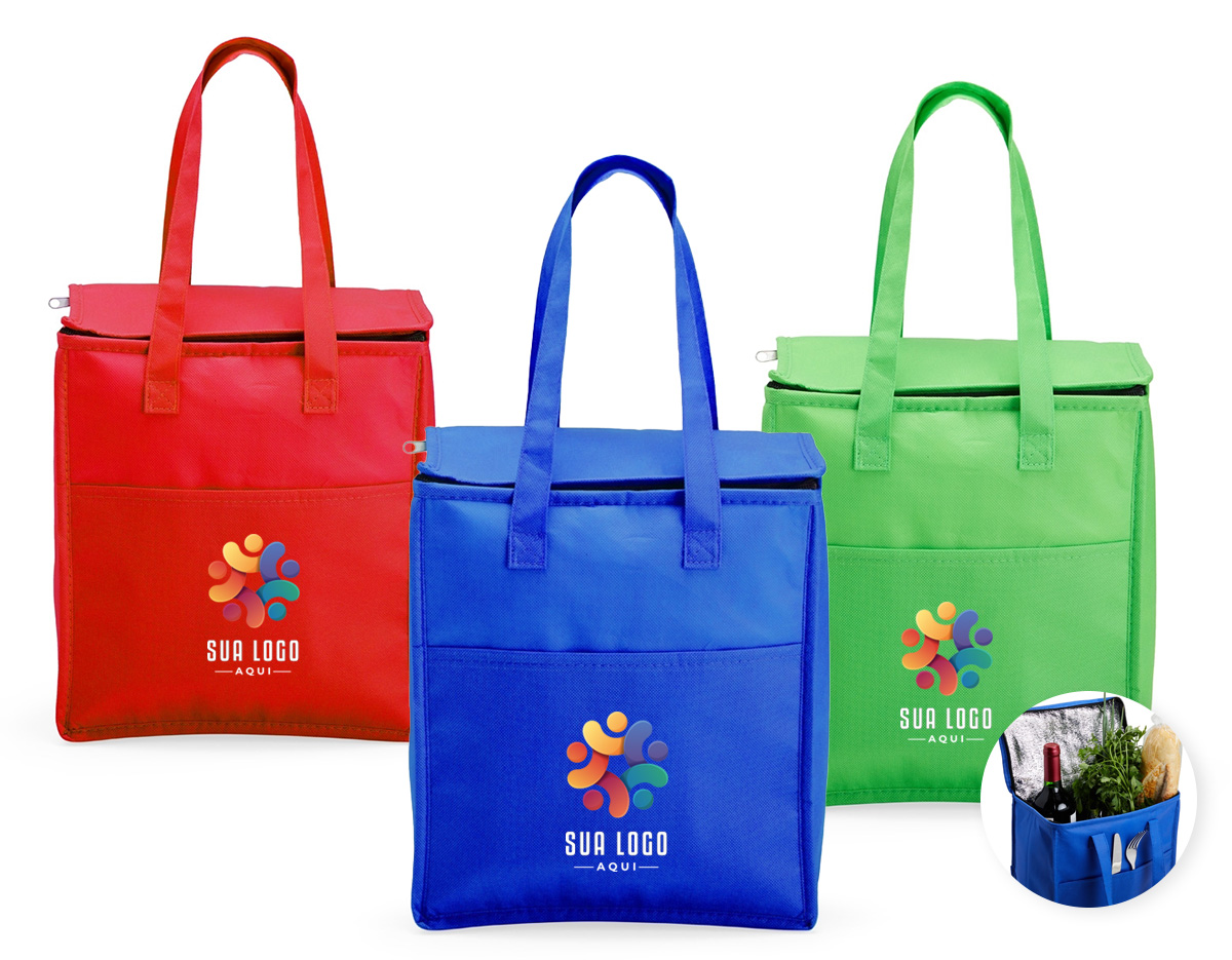 Bolsa térmica em TNT 9 litros com bolso frontal.