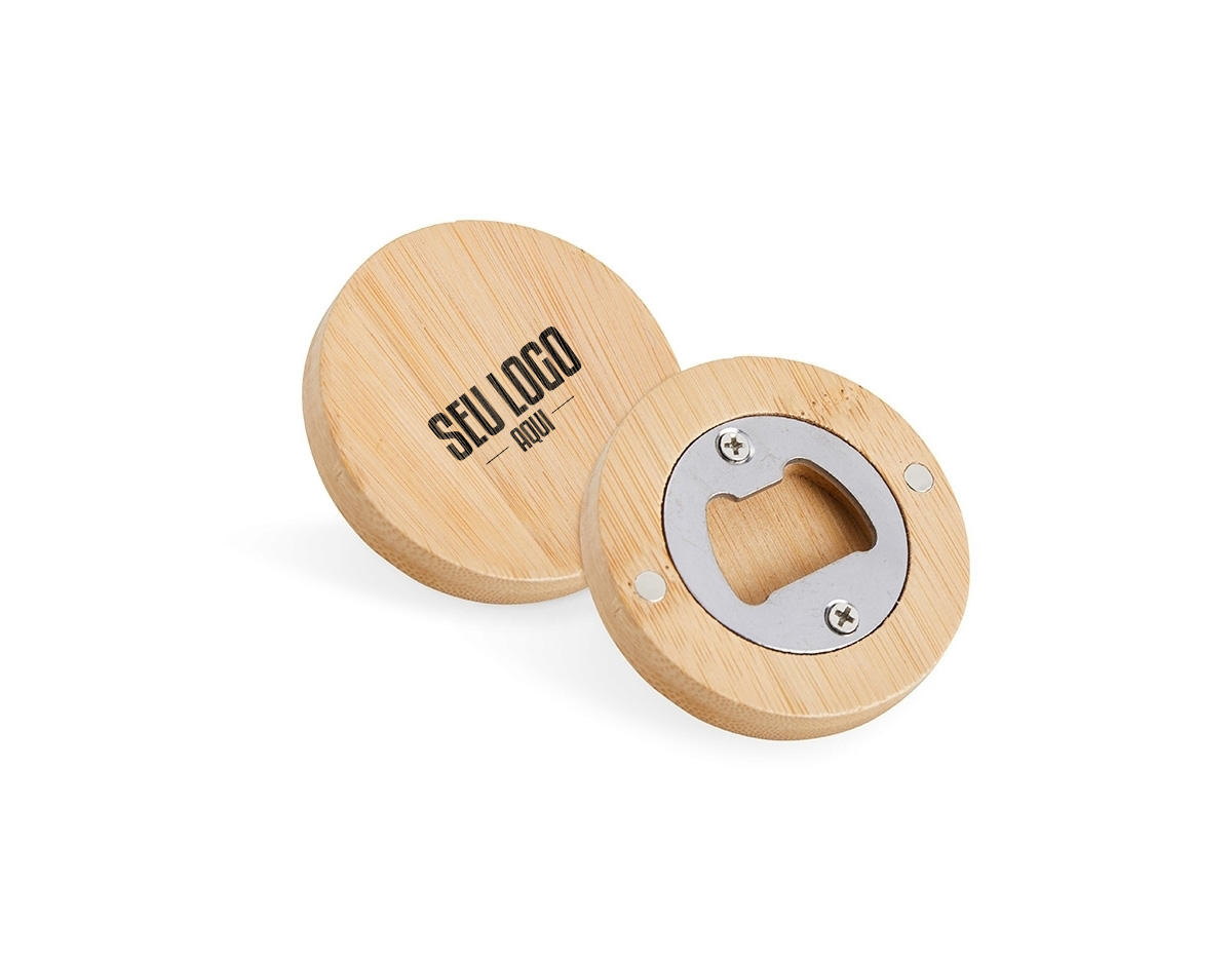 Abridor de garrafa em metal com acabamento em bambu e imã.