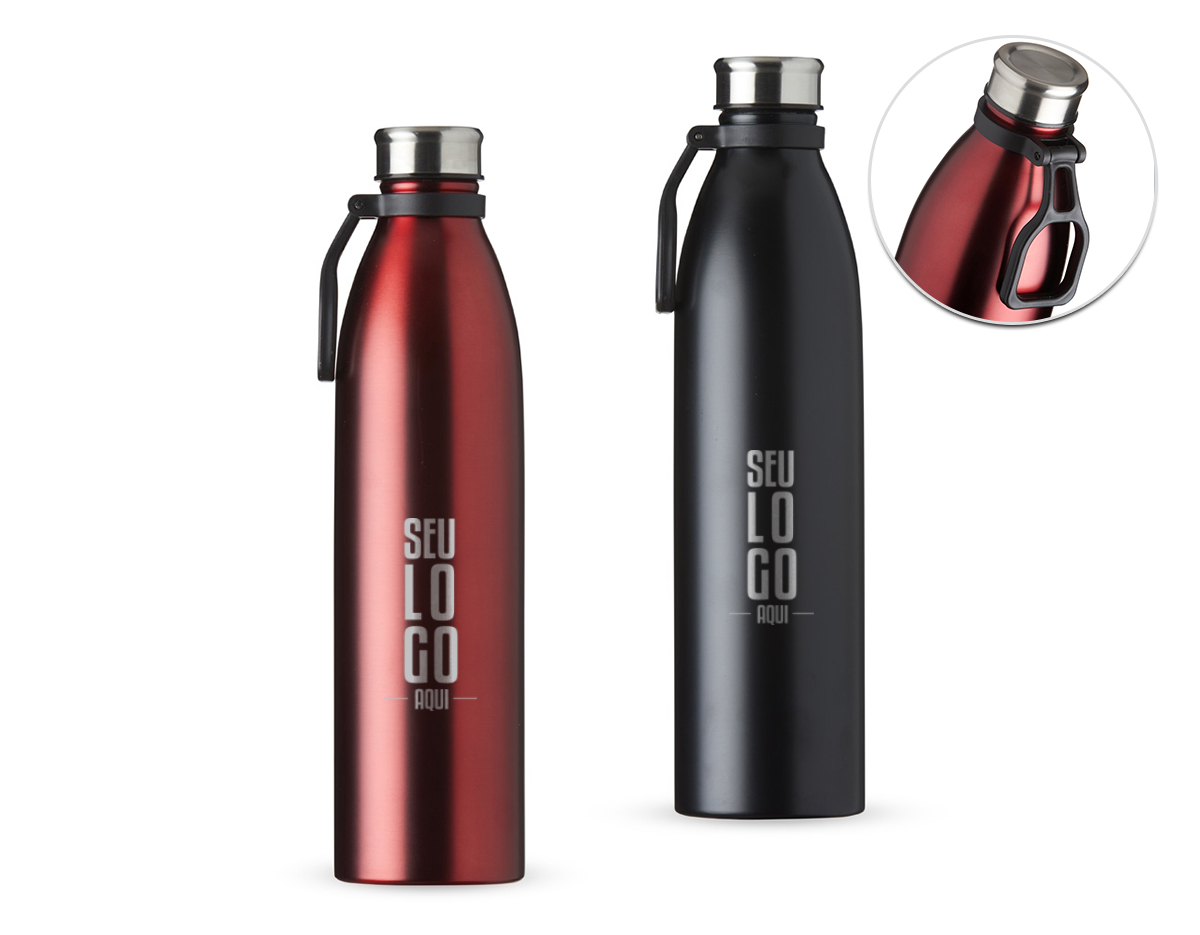 Garrafa de inox 1,1 litros com tampa rosqueável e alça plástica para transporte.