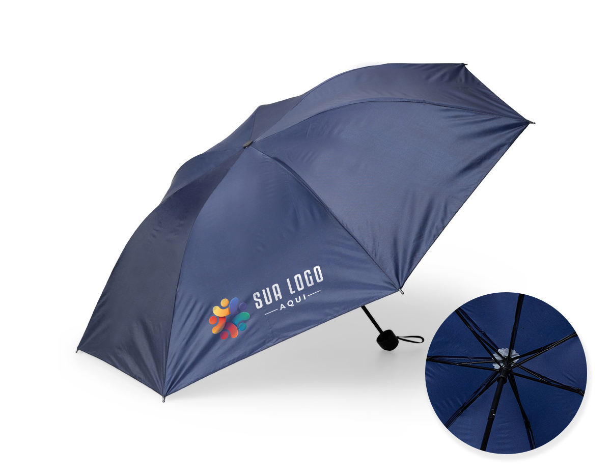Guarda chuva manual de tecido em nylon com parte interna em vinil. Possui 7 varetas e estrutura em aço, pegador, botão de abertura e alça de nylon. Acompanha capa protetora.