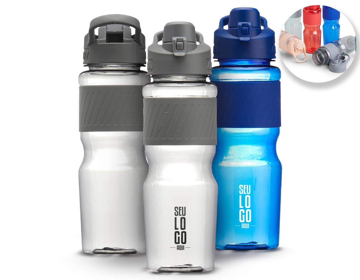 Squeeze plástico 730ml com luva emborrachada e alça para transporte. Inclui tampa de proteção com trava para o bocal, garantindo praticidade e segurança em qualquer aventura.