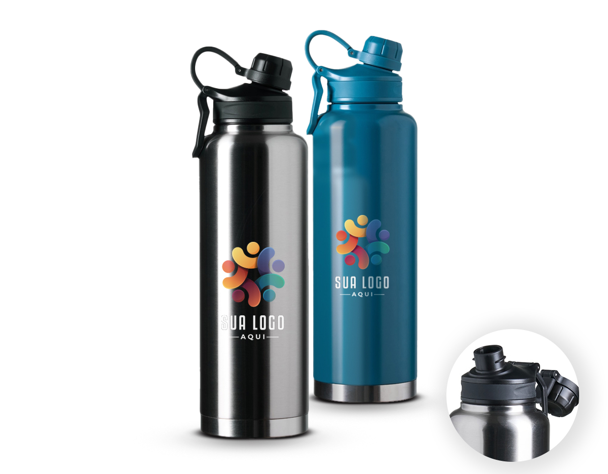 Garrafa Térmica em inox 304 de parede dupla com capacidade de 1,5 litros. Possui tampa com alça para transporte e tampa rosqueável de proteção para o bocal.