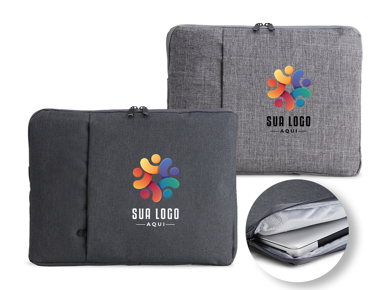 Pasta para tablet e notebook 14 em poliéster resistente à água com dois compartimentos e parte interna com estofamento aveludado.