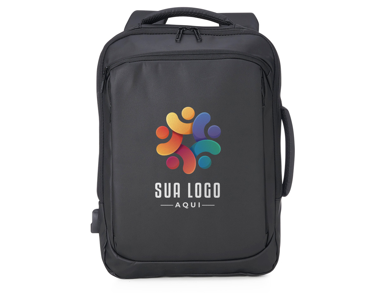 Mochila em couro sintético 17 litros resistente à água com cinco compartimentos, sendo o principal com bolso para notebook 156. Com divisórias internas para acessórios, a mochila possui suporte externo usb, alça para encaixe em malas de viagem e duas alças de mãos, sendo uma delas lateral para o transporte da mochila no modo pasta.