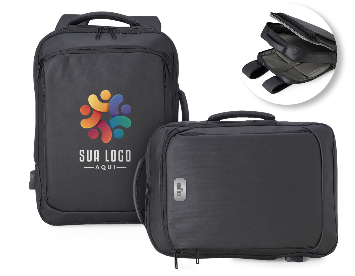 Mochila em couro sintético 17 litros resistente à água com cinco compartimentos, sendo o principal com bolso para notebook 156. Com divisórias internas para acessórios, a mochila possui suporte externo usb, alça para encaixe em malas de viagem e duas alças de mãos, sendo uma delas lateral para o transporte da mochila no modo pasta.