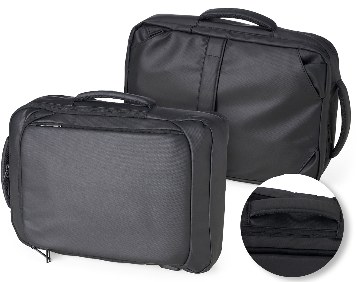 Mochila em couro sintético 17 litros resistente à água com cinco compartimentos, sendo o principal com bolso para notebook 156. Com divisórias internas para acessórios, a mochila possui suporte externo usb, alça para encaixe em malas de viagem e duas alças de mãos, sendo uma delas lateral para o transporte da mochila no modo pasta.
