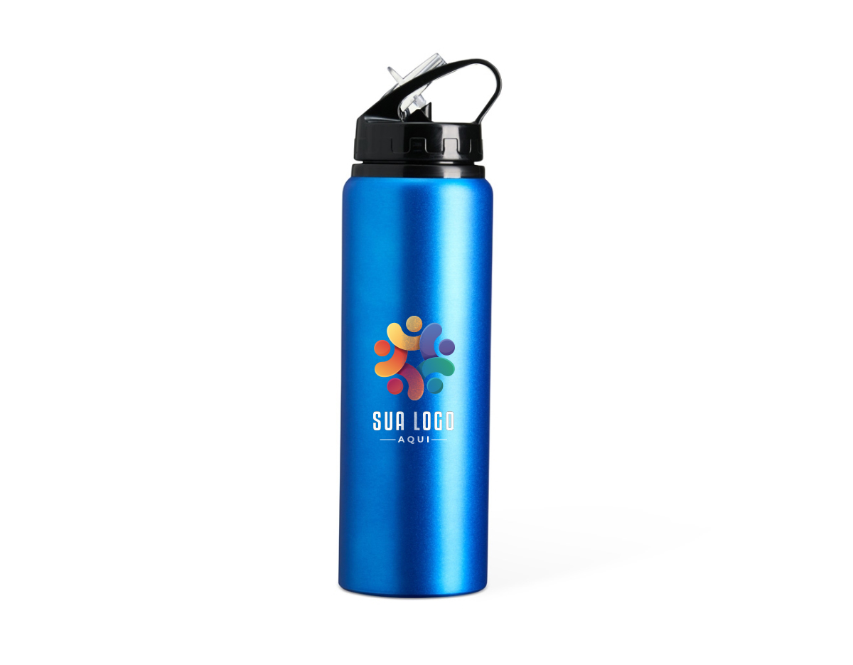 Squeeze de alumínio com capacidade de 800 ml, equipado com tampa plástica que inclui bico de canudo. Ideal para hidratação durante atividades físicas ou uso diário, garantindo praticidade e durabilidade.