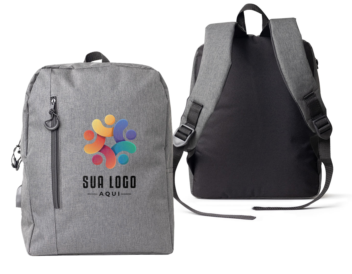 Mochila de nylon 23 litros com dois compartimentos, sendo o principal com bolso para notebook 15,6. A mochila possui bolso lateral, suporte externo para USB e adaptador P2.