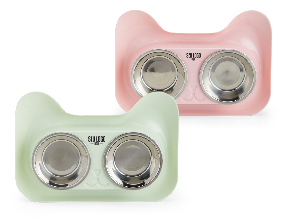 Conjunto de tigelas duplas em aço inoxidável para animais de estimação, projetado para alimentação e água. Duráveis e fáceis de limpar, ideais para garantir conforto e higiene para seus pets.