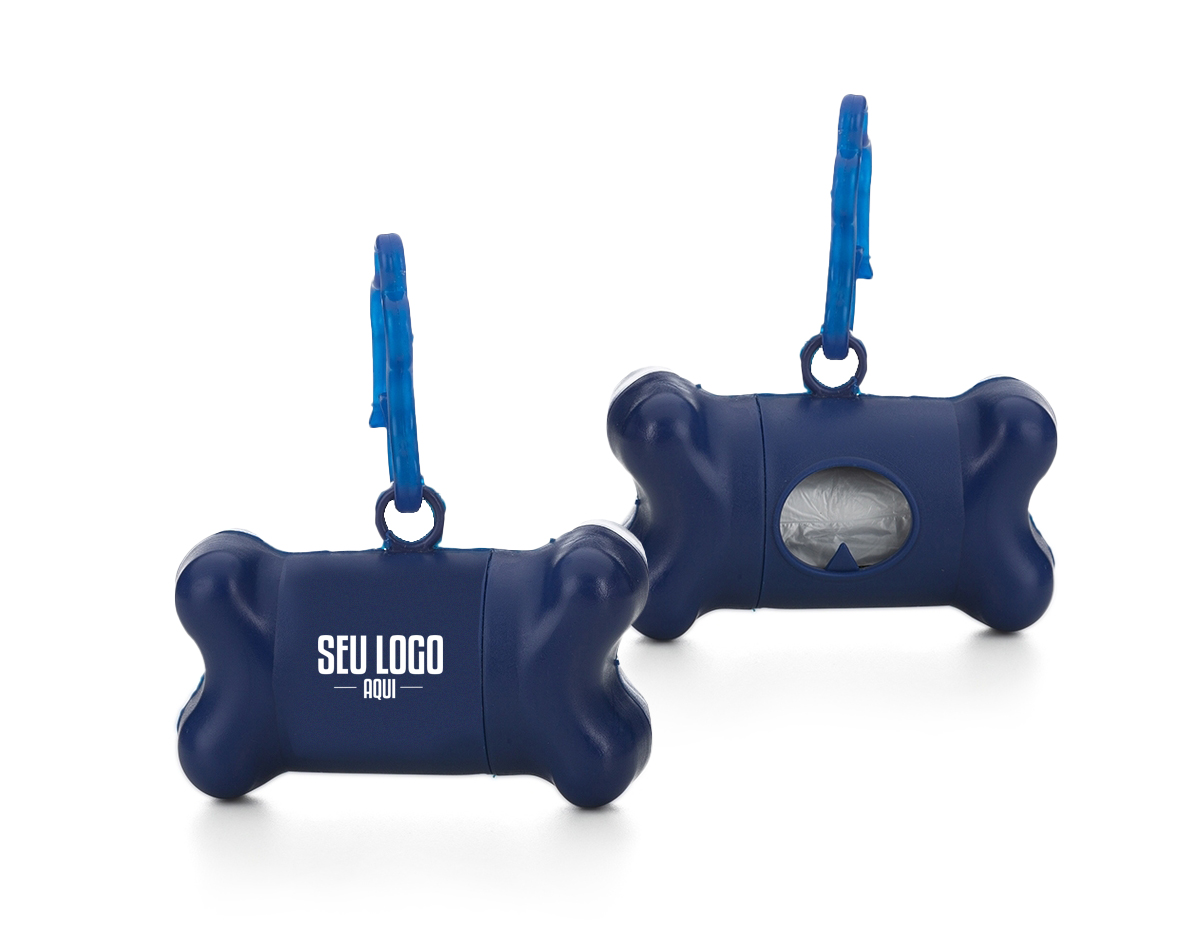 Kit saquinho coletor em formato de osso. Produzido em material plástico, o kit possui abertura lateral para encaixe do rolo e parte frontal vazada com dente plástico, permitindo puxar e destacar os saquinhos. Acompanha mosquetão e rolo de saquinhos.