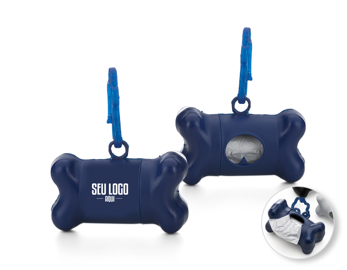 Kit saquinho coletor em formato de osso. Produzido em material plástico, o kit possui abertura lateral para encaixe do rolo e parte frontal vazada com dente plástico, permitindo puxar e destacar os saquinhos. Acompanha mosquetão e rolo de saquinhos.