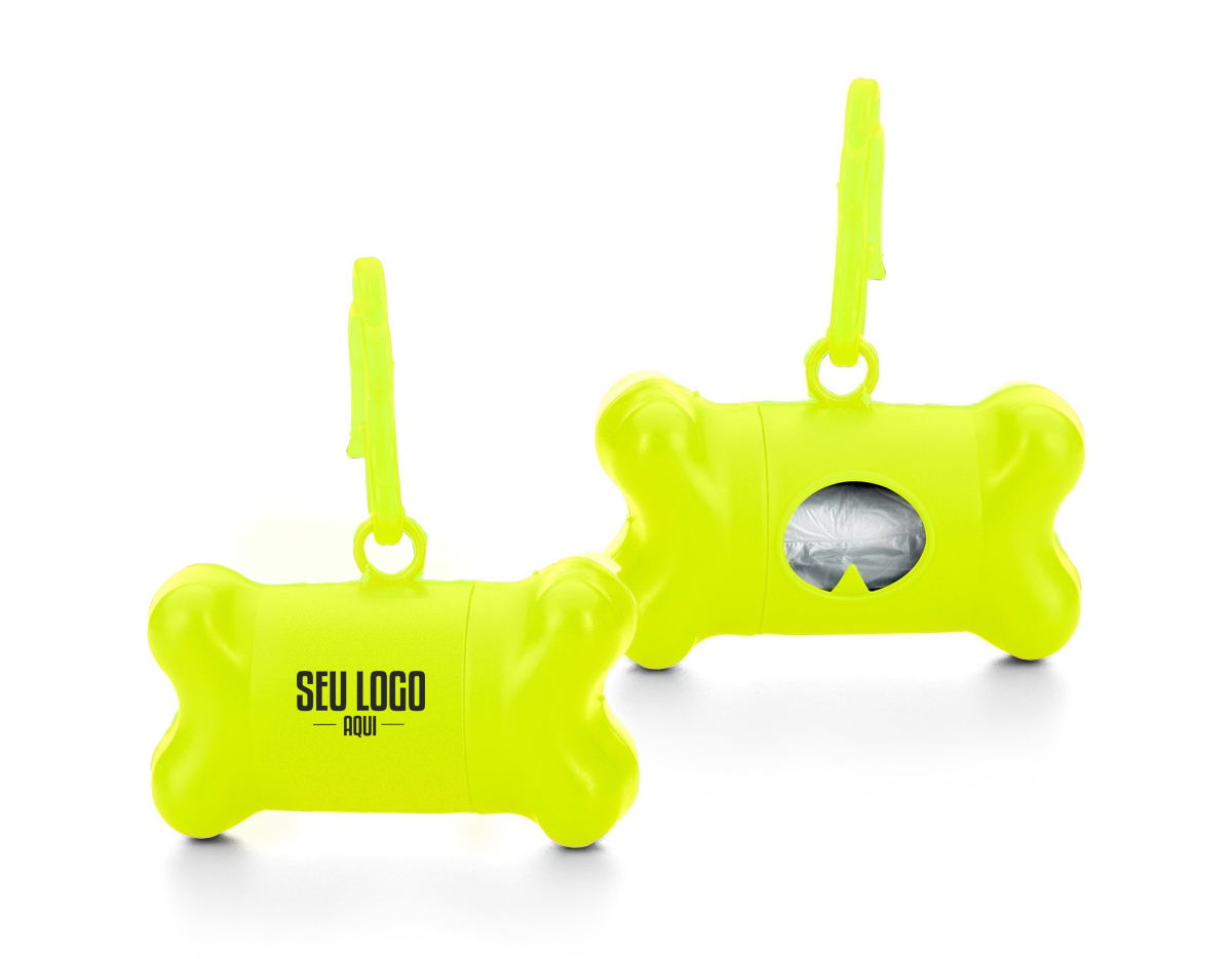 Kit saquinho coletor em formato de osso. Produzido em material plástico, o kit possui abertura lateral para encaixe do rolo e parte frontal vazada com dente plástico, permitindo puxar e destacar os saquinhos. Acompanha mosquetão e rolo de saquinhos.