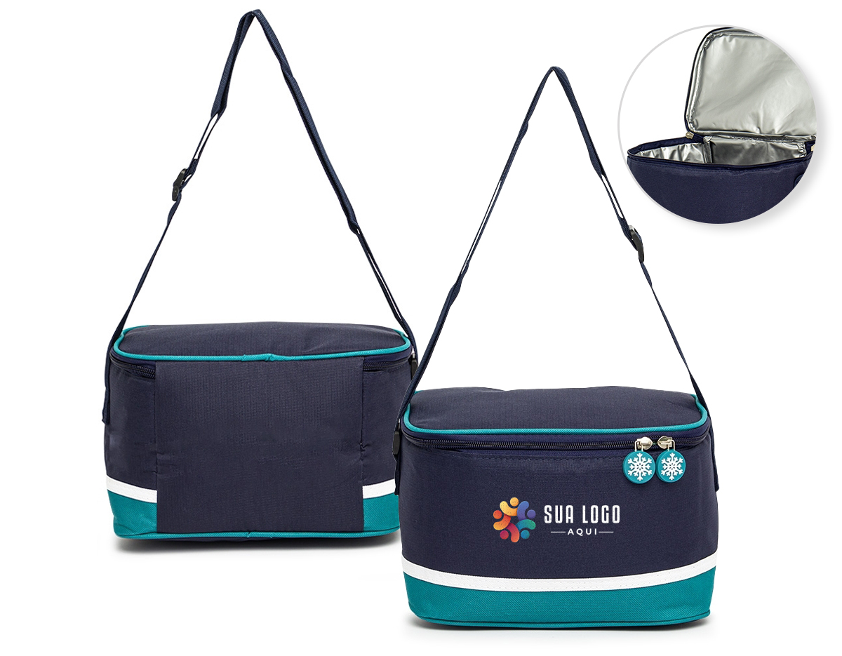 Bolsa térmica de nylon com capacidade de 7 litros, revestida internamente com material térmico soldado que evita vazamentos. Inclui alça transversal para facilitar o transporte.