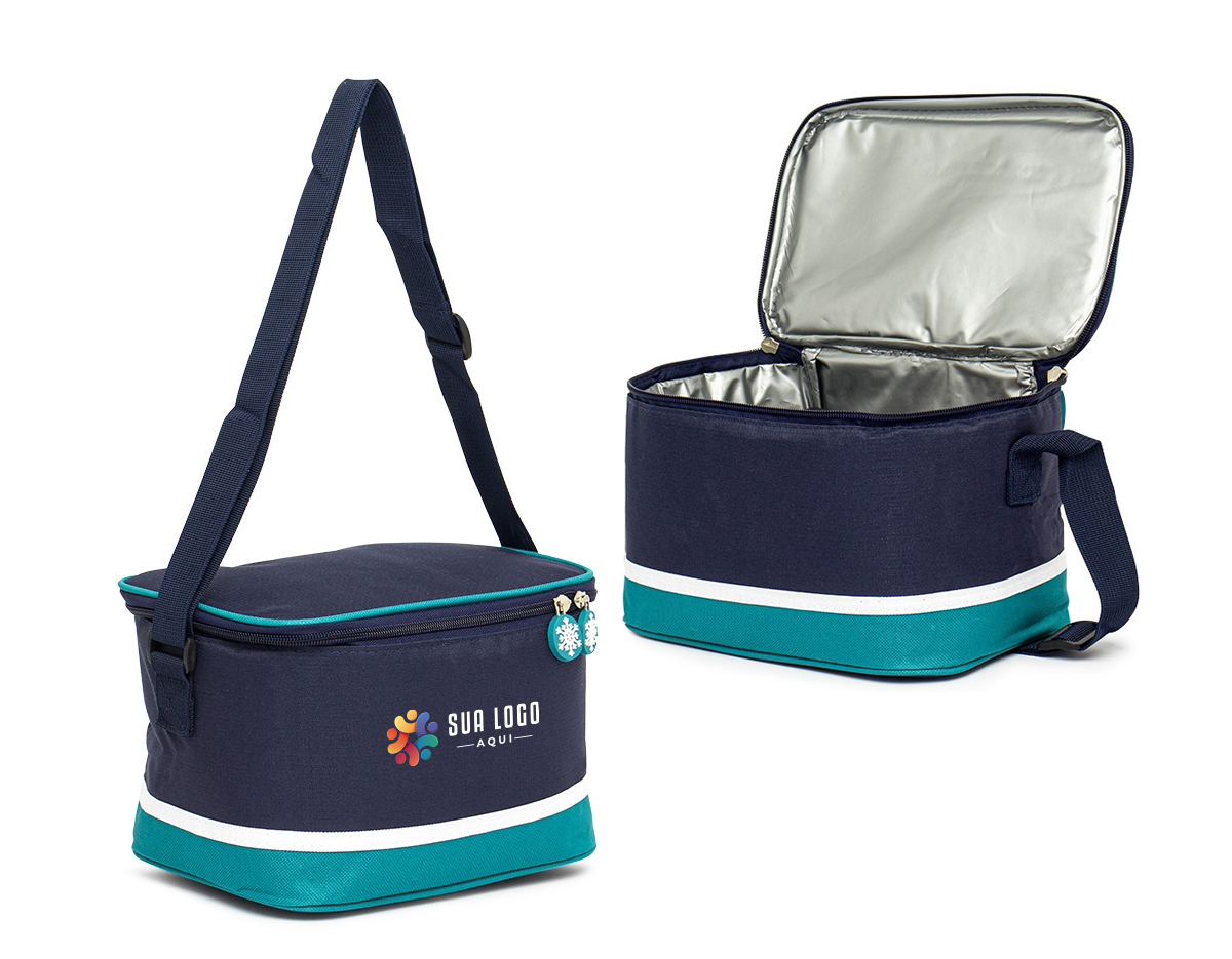 Bolsa térmica de nylon com capacidade de 7 litros, revestida internamente com material térmico soldado que evita vazamentos. Inclui alça transversal para facilitar o transporte.