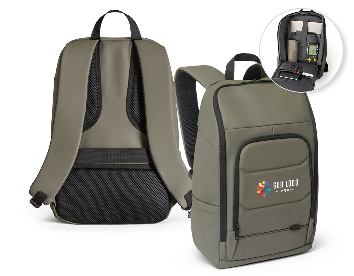 Mochila para notebook em 600D, poliéster reciclado (100% rPET), de alta densidade, com revestimento resistente à água e forro em 210D poliéster reciclado (100% rPET). Possui um compartimento principal com diversos bolsos e 2 divisórias almofadadas para notebook até 16" e tablet até 10.1". Bolso frontal com zíper com divisórias interiores. Bolso lateral ideal para transportar a sua squeeze. A parte posterior tem um acolchoamento extra e incorpora uma alça para trolley em caso de necessidade. Faixa refletora na parte da frente da mochila. Capacidade até 19 L. 300 x 460 x 160 mm