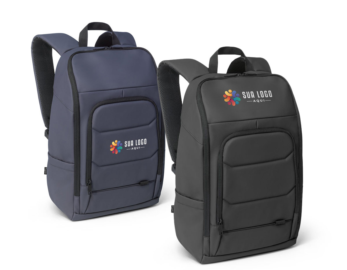 Mochila para notebook em 600D, poliéster reciclado (100% rPET), de alta densidade, com revestimento resistente à água e forro em 210D poliéster reciclado (100% rPET). Possui um compartimento principal com diversos bolsos e 2 divisórias almofadadas para notebook até 16" e tablet até 10.1". Bolso frontal com zíper com divisórias interiores. Bolso lateral ideal para transportar a sua squeeze. A parte posterior tem um acolchoamento extra e incorpora uma alça para trolley em caso de necessidade. Faixa refletora na parte da frente da mochila. Capacidade até 19 L. 300 x 460 x 160 mm