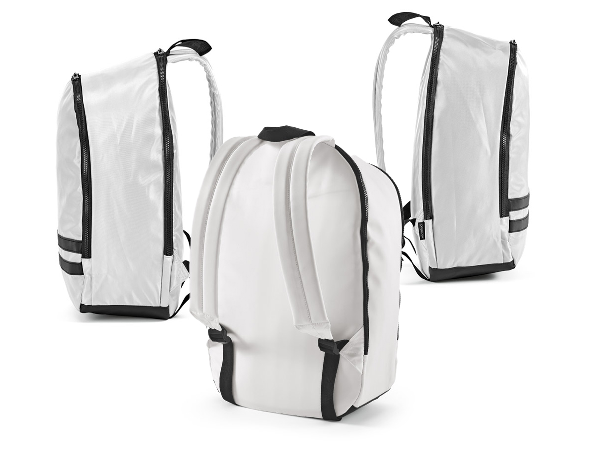 Mochila em 290T poliéster reciclado (100% rPET), em sarja com forro em 210D poliéster reciclado (100% rPET). Contém compartimento posterior com divisória para notebook até 15" e compartimento frontal totalmente forrado. Parte posterior e alças almofadadas. Contém duas faixas pretas refletoras na parte frontal. Capacidade até 18 L. 300 x 470 x 150 mm