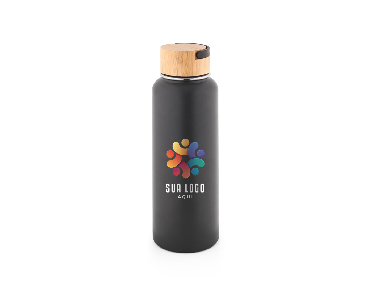 Garrafa em aço inox (90% reciclado) de parede dupla térmica, isolada a vácuo. Com tampa e base em bambu. Capacidade até 550 mL. Fornecido em caixa presente kraft. Certificação EU Food Grade. A cor e o resultado da impressão nos materiais naturais pode variar entre produtos. ø71 x 272 mm