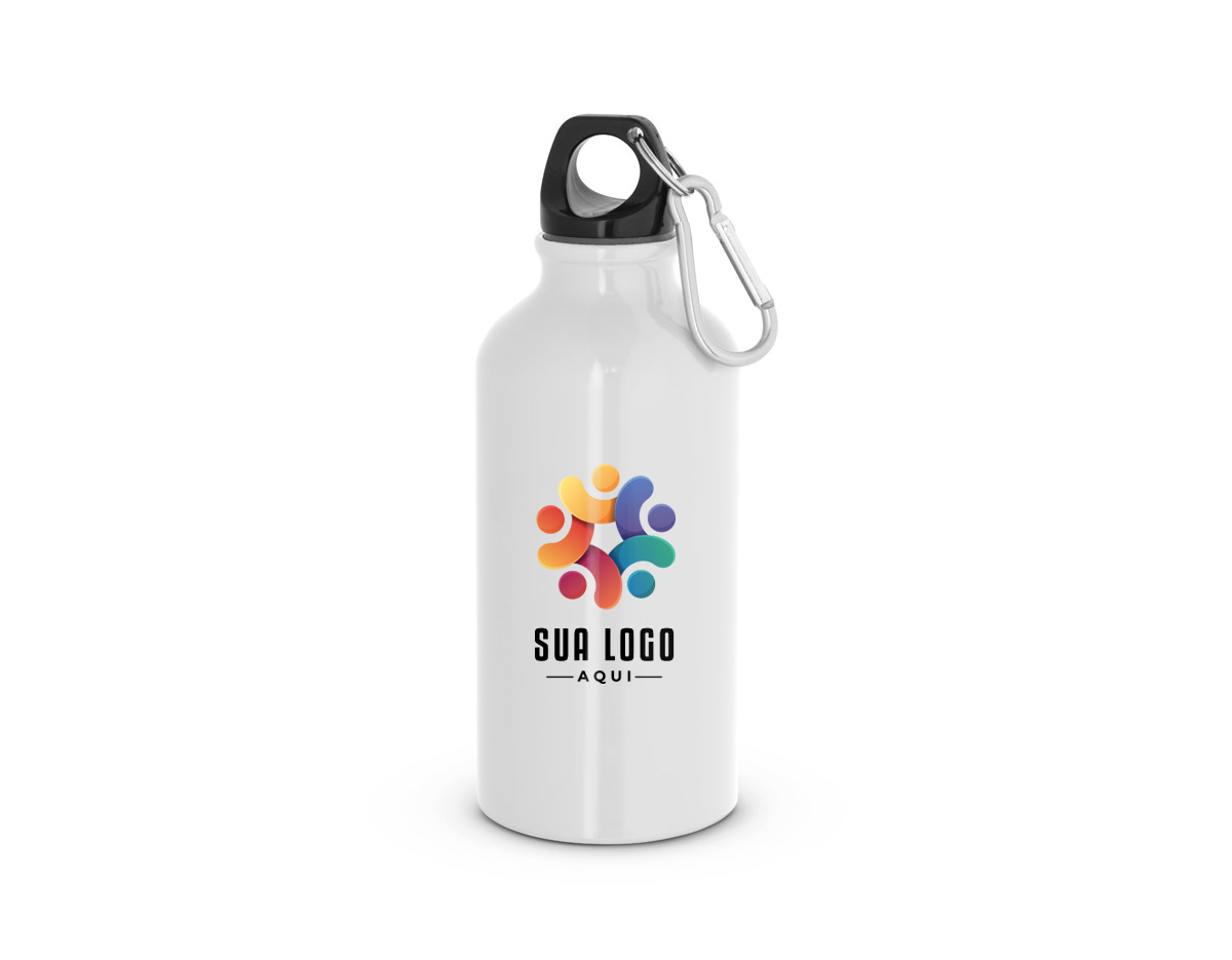 Squeeze esportiva em alumínio com acabamento brilhante, com mosquetão para facilitar o transporte. Capacidade até 400 mL. Certificação EU Food Grade. ø66 x 176 mm