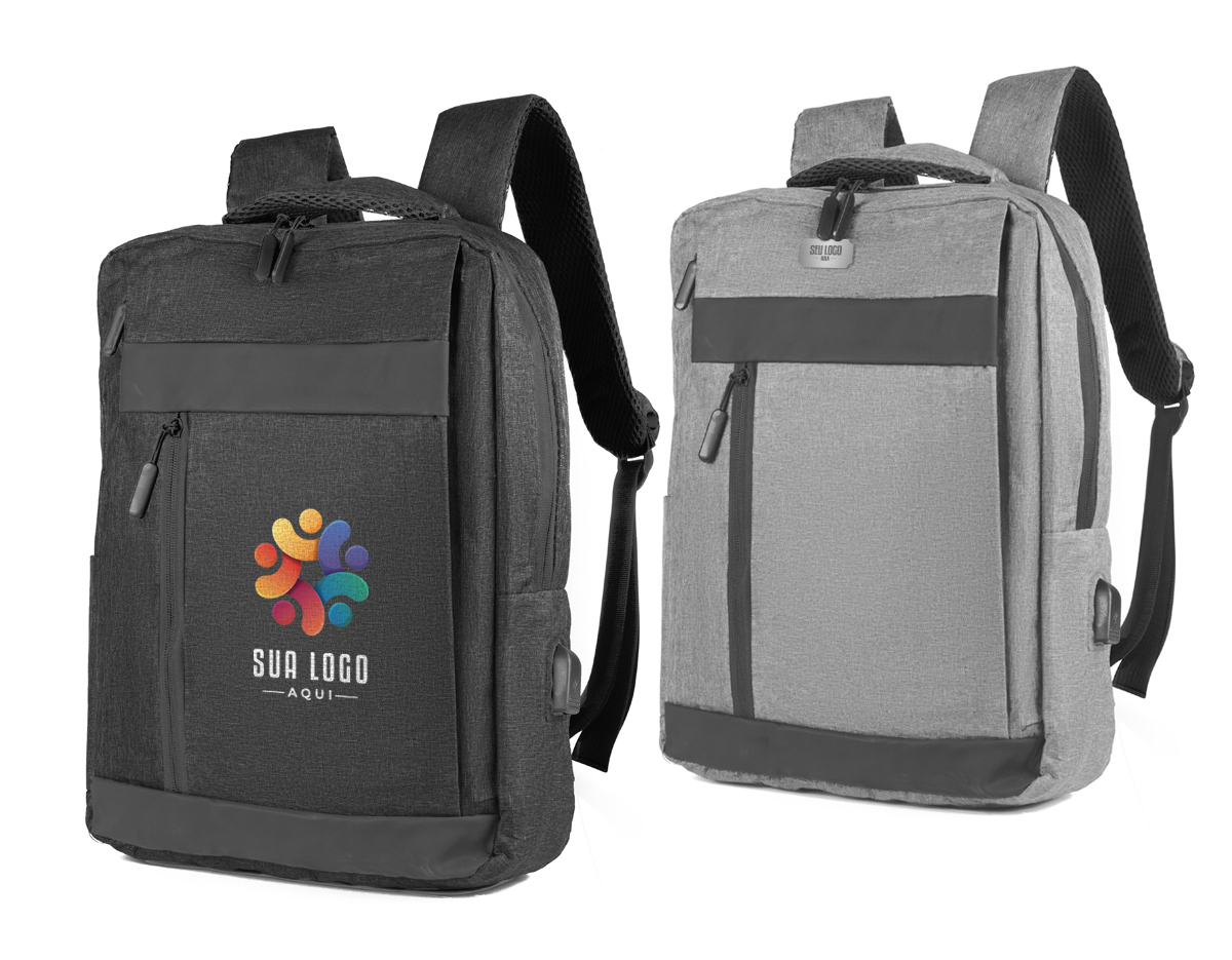 Mochila para notebook em poliéster, com alças de mão e de ombro acolchoadas. Possui dois bolsos frontais com zíper e um conector USB lateral. Internamente, conta com compartimento dedicado para notebooks de até 15,6".
