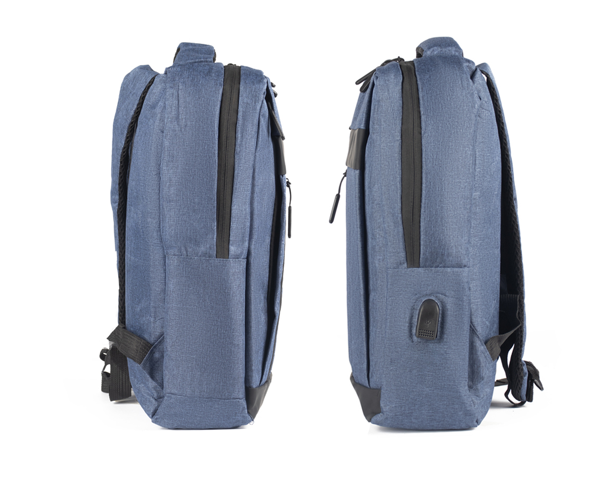 Mochila para notebook em poliéster, com alças de mão e de ombro acolchoadas. Possui dois bolsos frontais com zíper e um conector USB lateral. Internamente, conta com compartimento dedicado para notebooks de até 15,6".