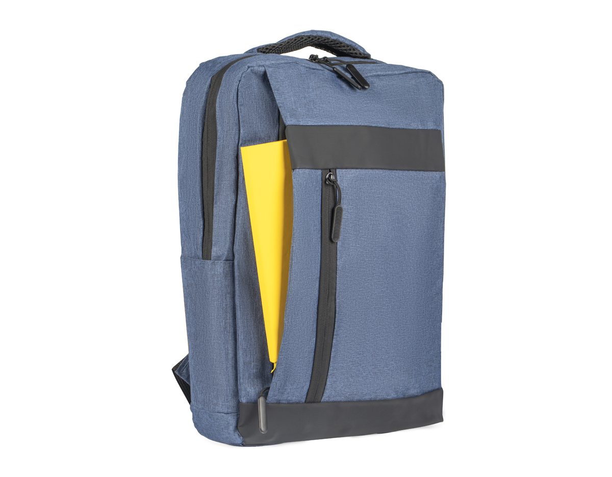 Mochila para notebook em poliéster, com alças de mão e de ombro acolchoadas. Possui dois bolsos frontais com zíper e um conector USB lateral. Internamente, conta com compartimento dedicado para notebooks de até 15,6".