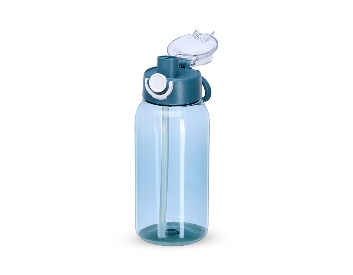 Squeeze plástico com capacidade de 1L. Possui tampa rosqueável com protetor para bocal, botão de acionamento com trava de segurança e alça para transporte acoplado.