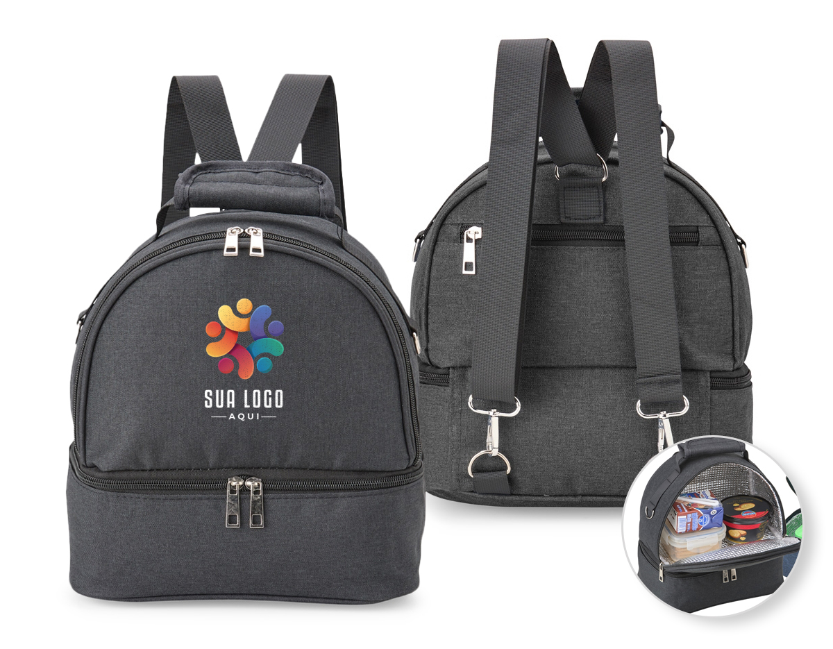 Bolsa térmica dupla em nylon com dois compartimentos térmicos isolados, capacidade de 7 litros. Contém bolso traseiro com zíper, alça de mão e alça para as costas.