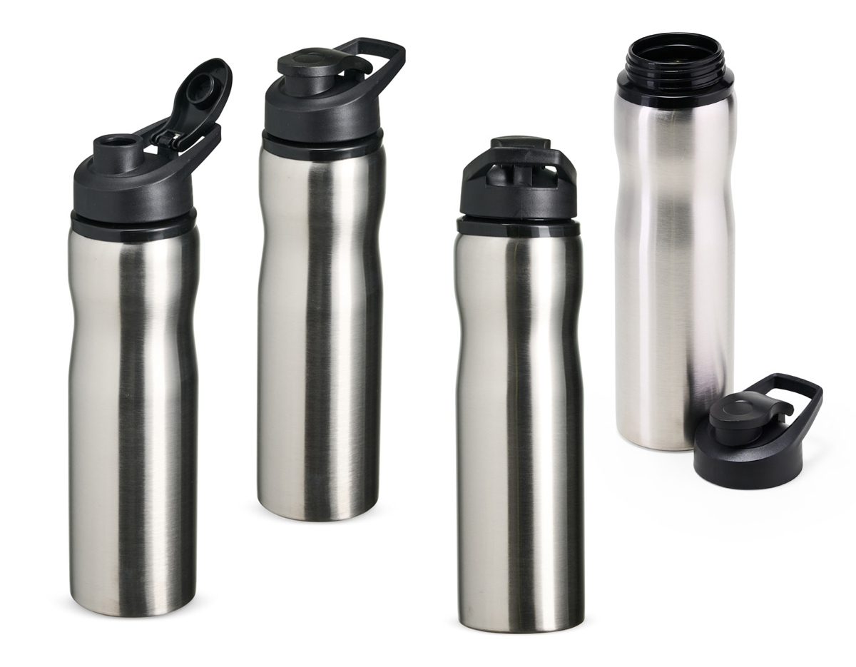 Squeeze feito em inox com 800ml. Possui tampa plástica, bocal com tampa protetora e alça para transporte. Este brinde será o parceiro de atividades físicas perfeito.