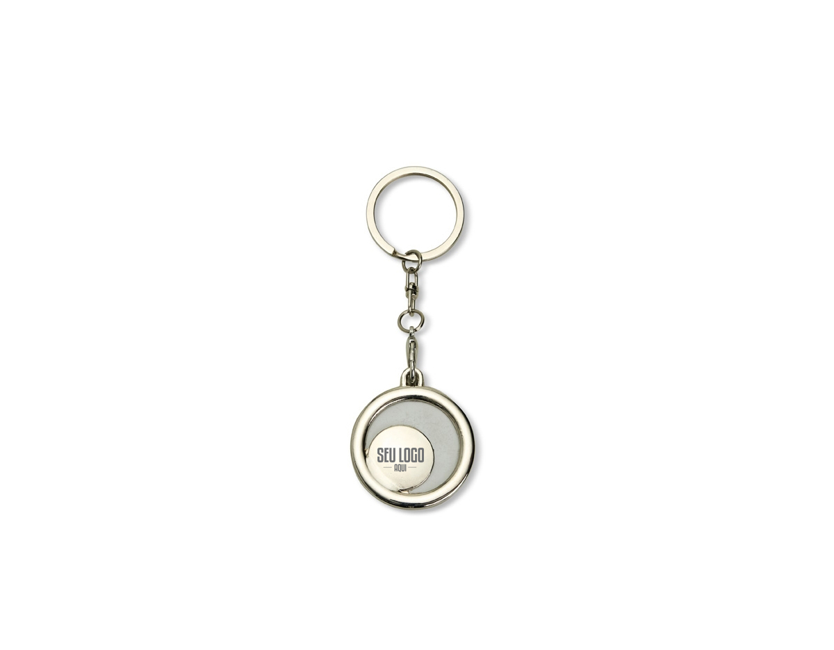 Chaveiro porta-foto em inox. Possui uma fina capa transparente removível para proteger a foto e corrente com gancho preso ao chaveiro.