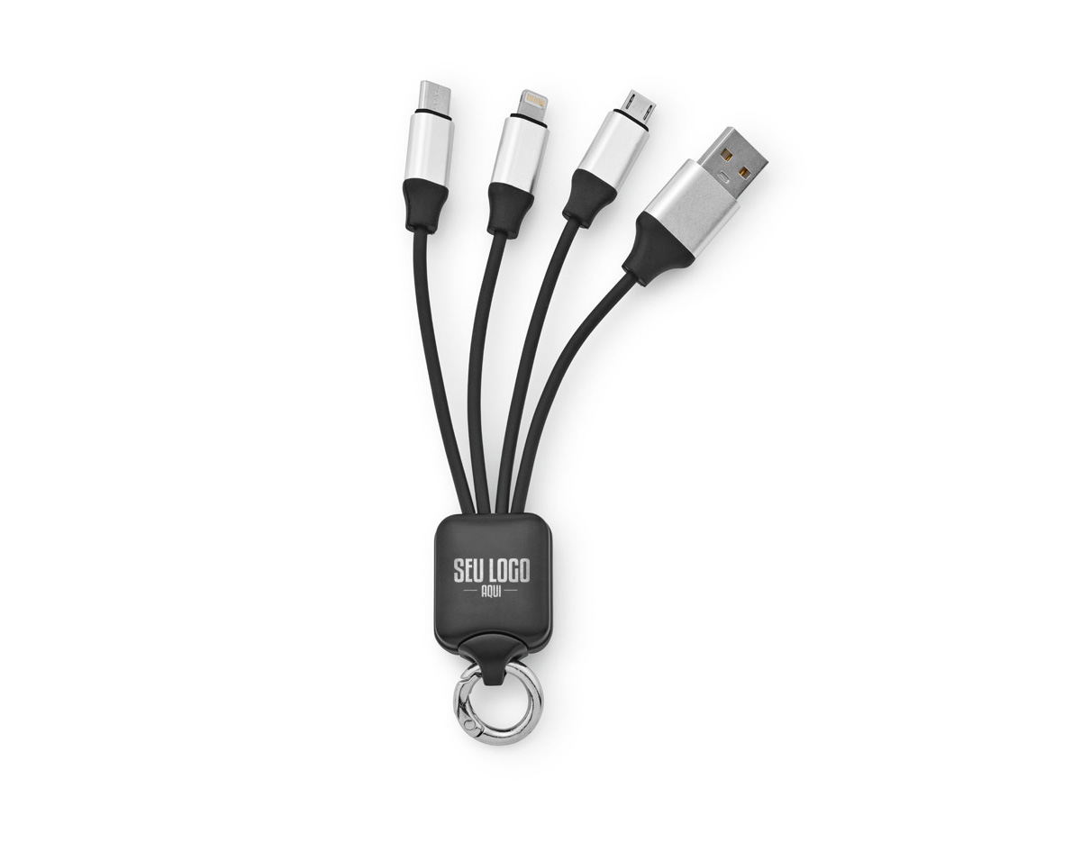 Cabo USB 4 em 1, feito de PET 100% reciclado (100% rPET), com uma porta de entrada USB-A e saídas USB-C, micro-USB e Lightning. Ideal para carregar smartphones, oferecendo versatilidade e sustentabilidade em um único cabo. Perfeito para quem busca praticidade e respeito ao meio ambiente.