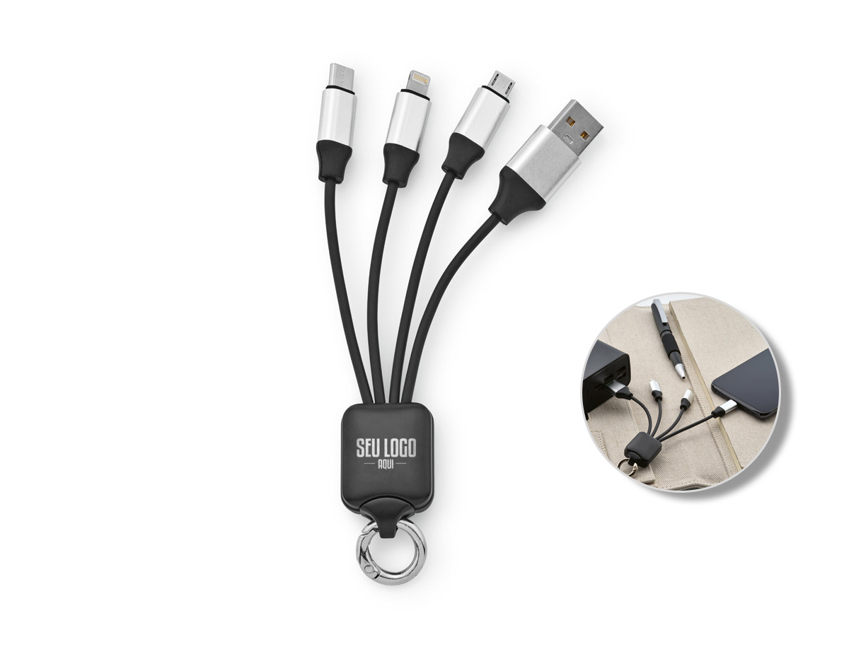 Cabo USB 4 em 1, feito de PET 100% reciclado (100% rPET), com uma porta de entrada USB-A e saídas USB-C, micro-USB e Lightning. Ideal para carregar smartphones, oferecendo versatilidade e sustentabilidade em um único cabo. Perfeito para quem busca praticidade e respeito ao meio ambiente.