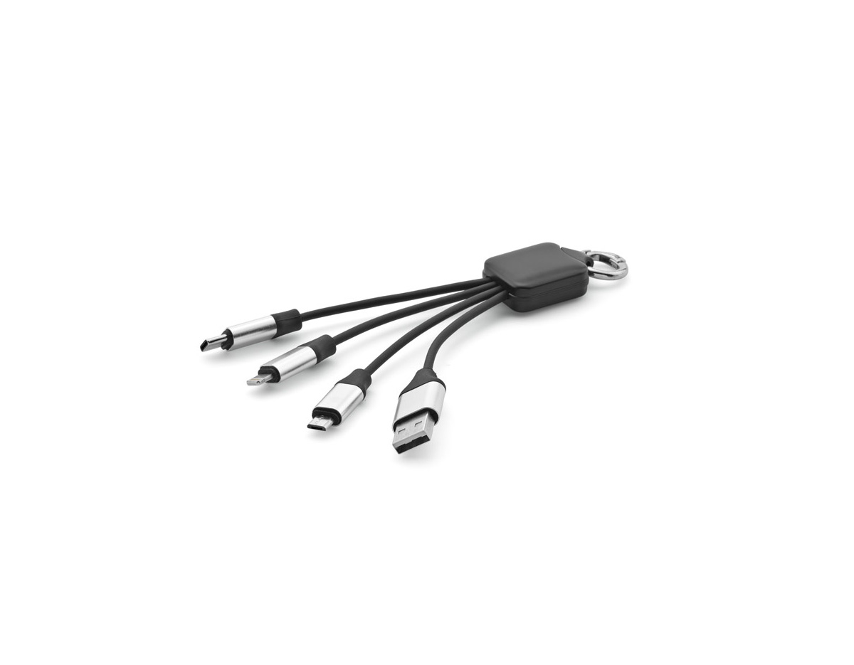 Cabo USB 4 em 1, feito de PET 100% reciclado (100% rPET), com uma porta de entrada USB-A e saídas USB-C, micro-USB e Lightning. Ideal para carregar smartphones, oferecendo versatilidade e sustentabilidade em um único cabo. Perfeito para quem busca praticidade e respeito ao meio ambiente.