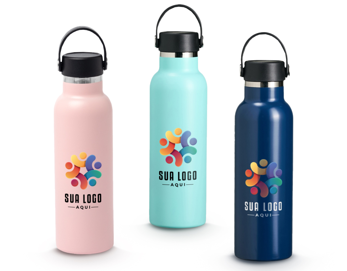 Garrafa Térmica feita em Inox 304 com parede dupla e capacidade de 550ml. Com tampa rosqueável e alça para transporte para levá-la onde quiser.