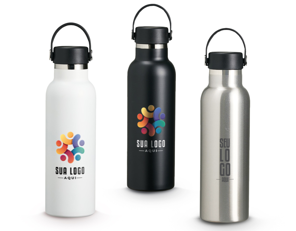 Garrafa Térmica feita em Inox 304 com parede dupla e capacidade de 550ml. Com tampa rosqueável e alça para transporte para levá-la onde quiser.
