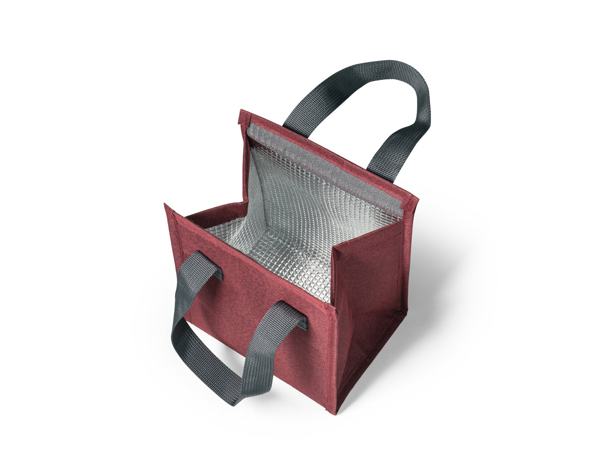 Bolsa térmica em 300D de alta densidade com pegas em webbing. Contém 1 compartimento principal com fecho aderente. Capacidade até 2.5 L. 170 x 220 x 130 mm