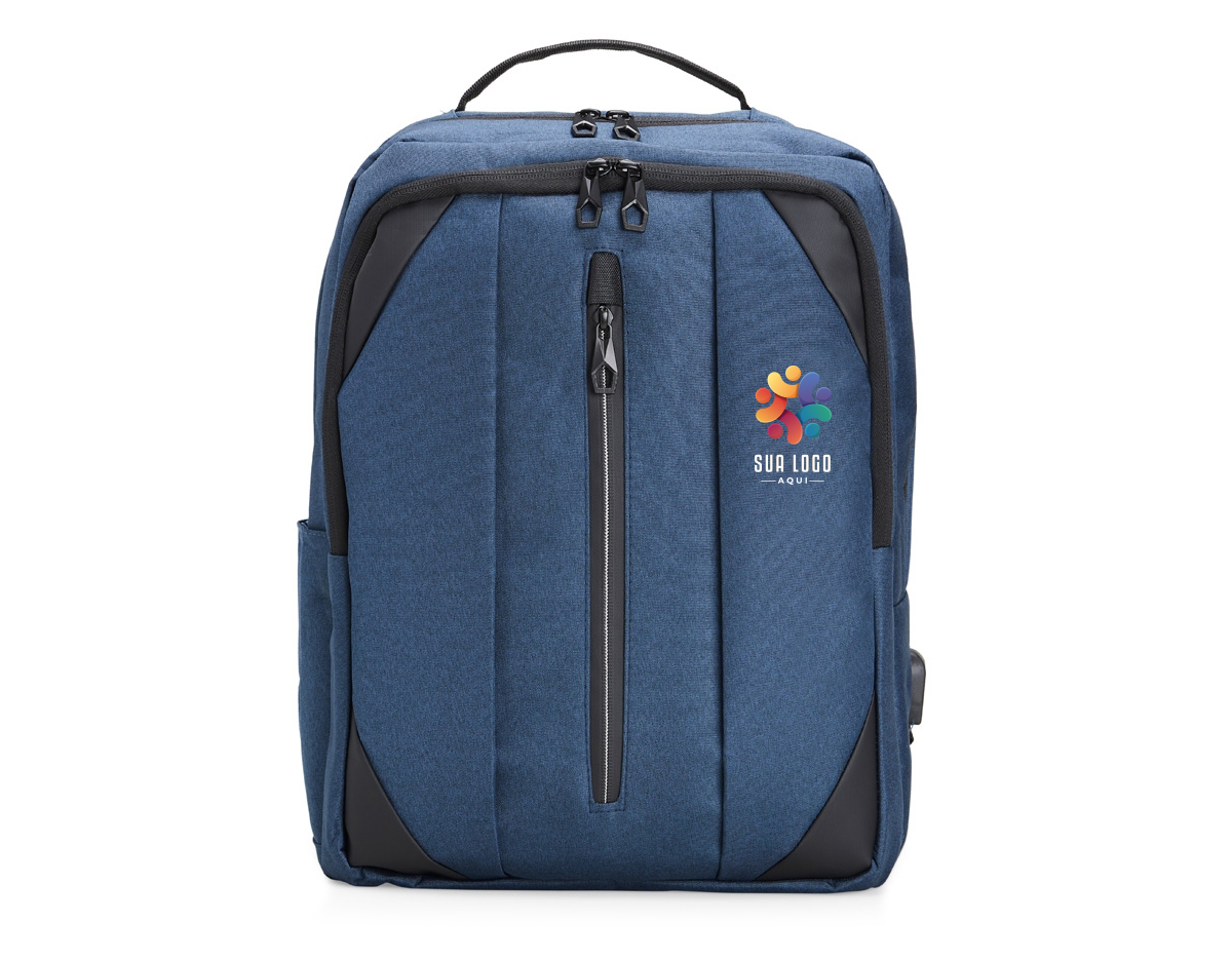 Mochila de nylon 27 litros com três compartimentos, sendo o principal com bolso para notebook 15.6 polegadas. Com divisórias internas para acessórios, bolso lateral, alça para engate em malas de viagem e suporte externo usb.