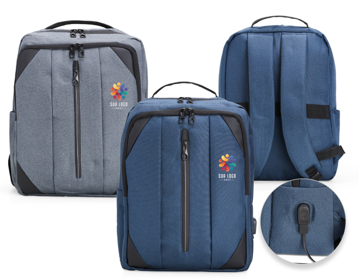 Mochila de nylon 27 litros com três compartimentos, sendo o principal com bolso para notebook 15.6 polegadas. Com divisórias internas para acessórios, bolso lateral, alça para engate em malas de viagem e suporte externo usb.
