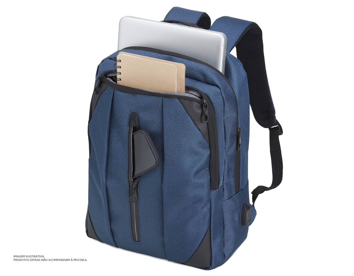 Mochila de nylon 27 litros com três compartimentos, sendo o principal com bolso para notebook 15.6 polegadas. Com divisórias internas para acessórios, bolso lateral, alça para engate em malas de viagem e suporte externo usb.